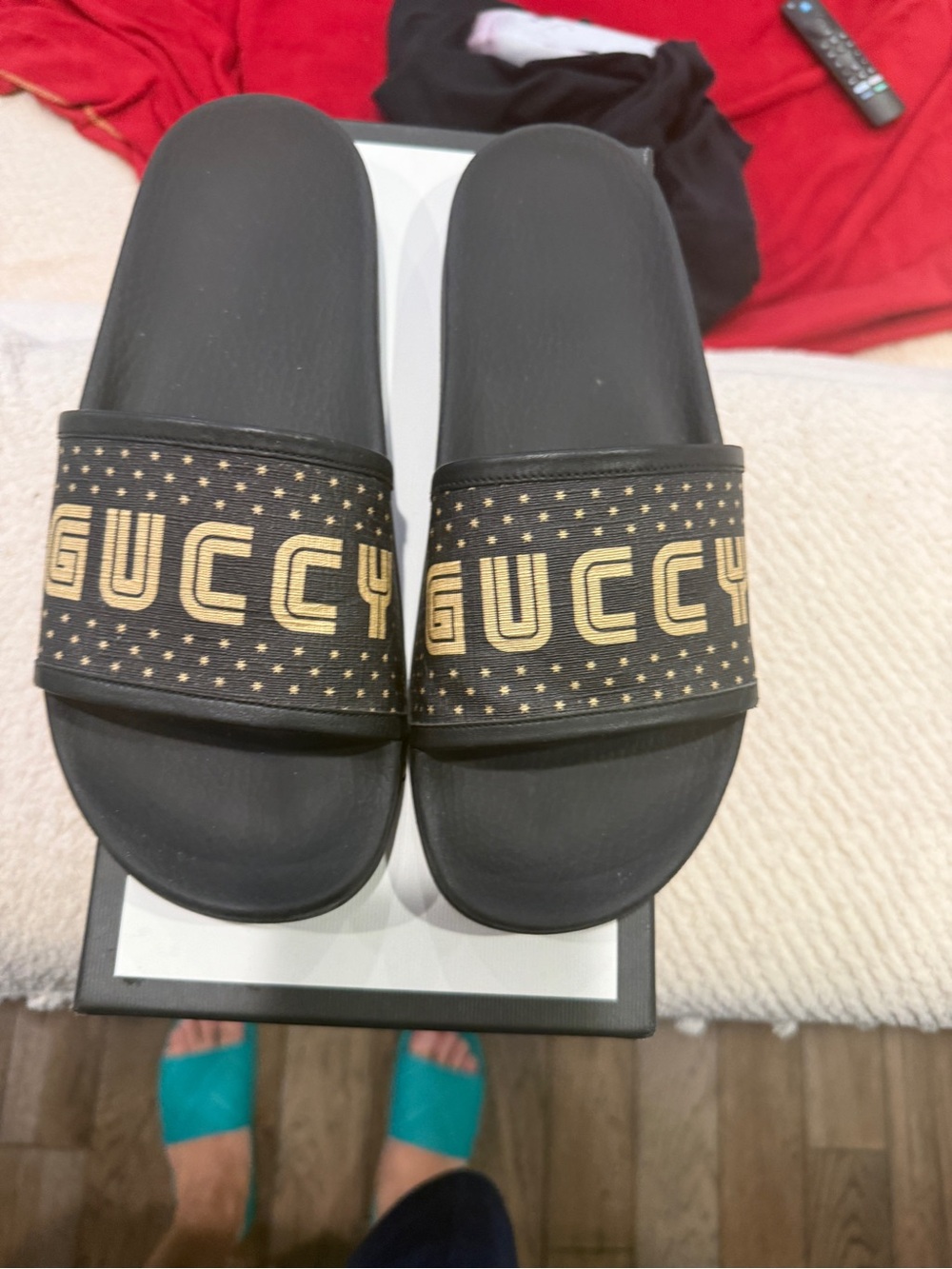 Gucci Black Slides with Gold Logo Stars - Picture 4 of 6